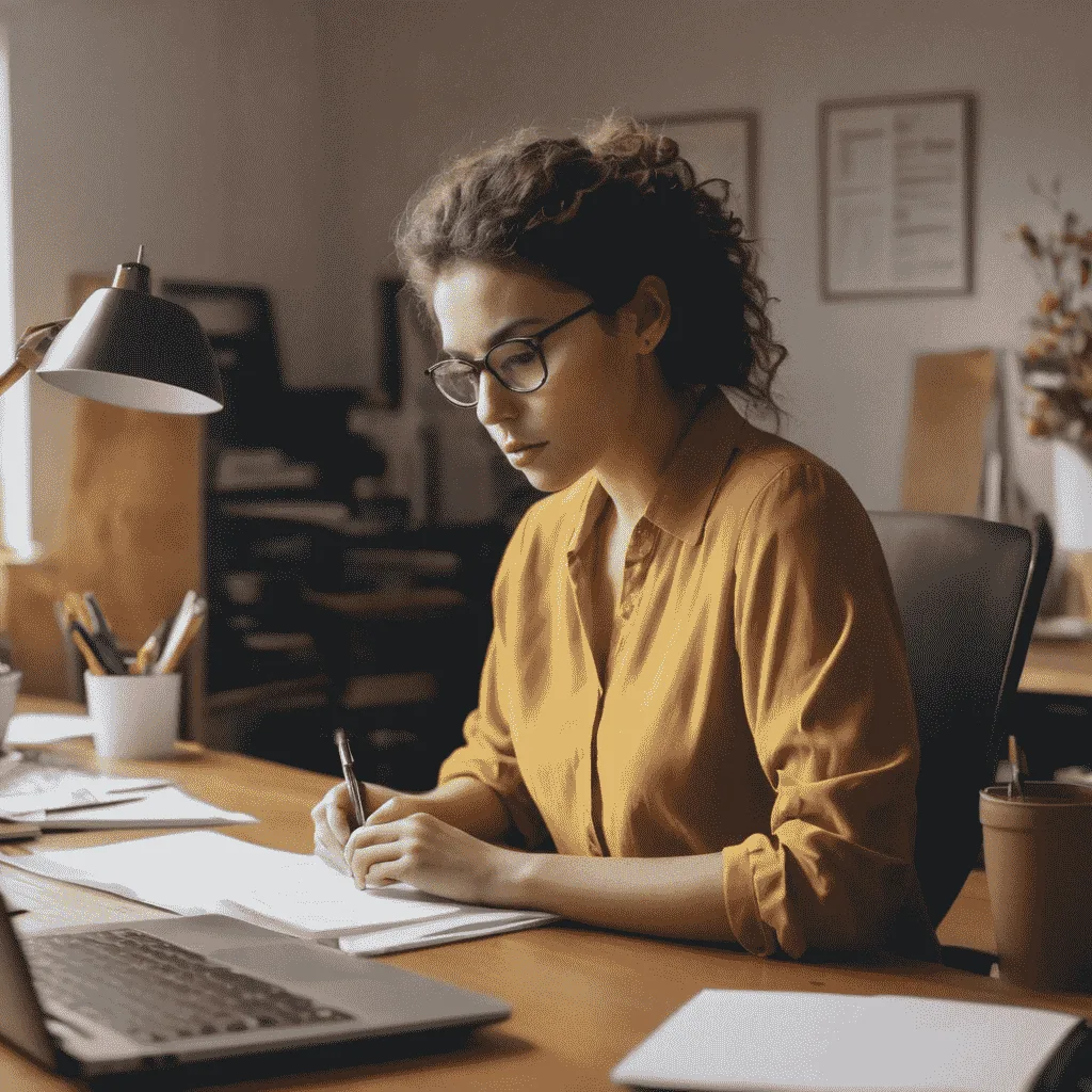 An image of a person sitting at a desk with a determined look, working on a project amidst a clutter-free workspace, symbolizing focus and productivity after overcoming procrastination.