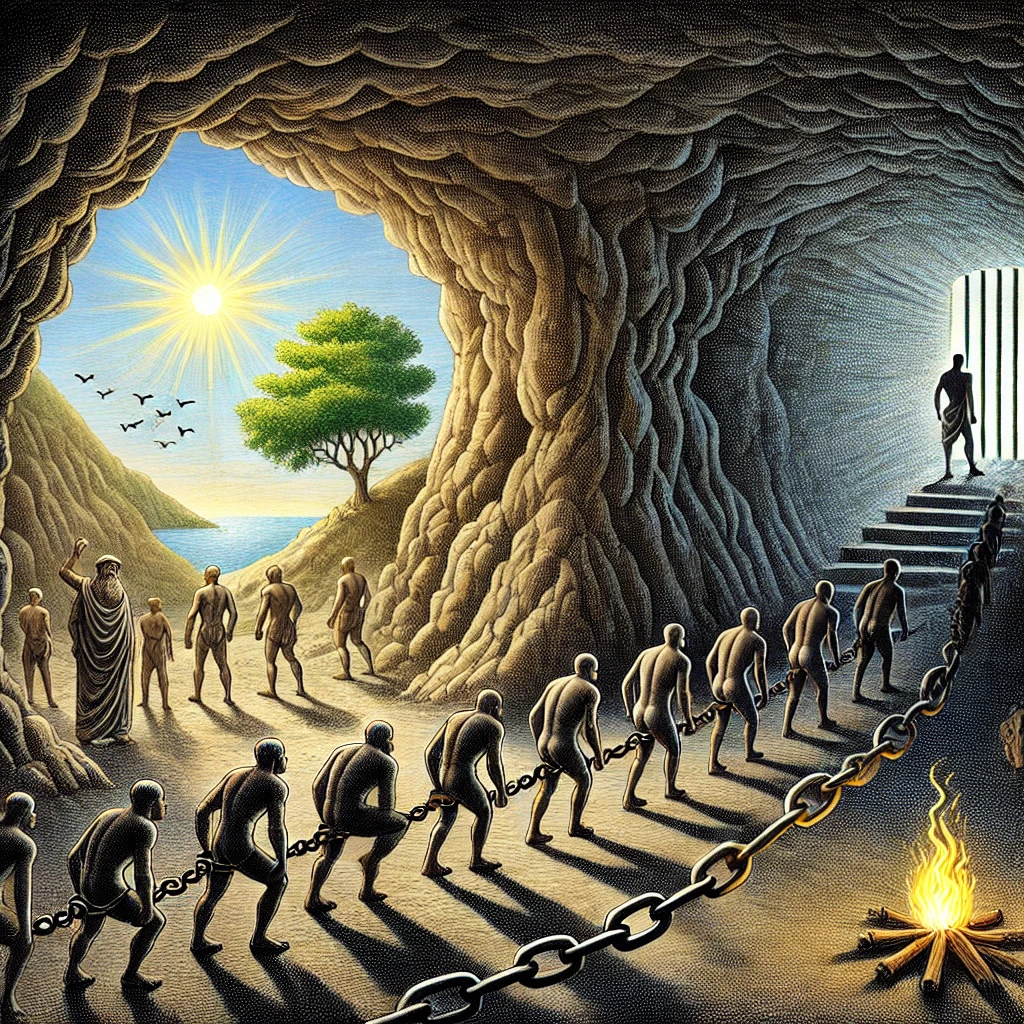 An image illustrating Plato's Allegory of the Cave, showing chained prisoners staring at shadows on a wall, while one figure steps out of the cave into the light of the sun.